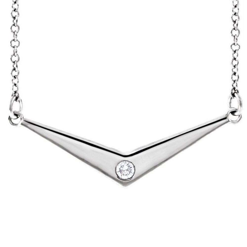 14k White Gold .03 Ct Diamond Solitaire V Shaped Necklace, 18 Inch